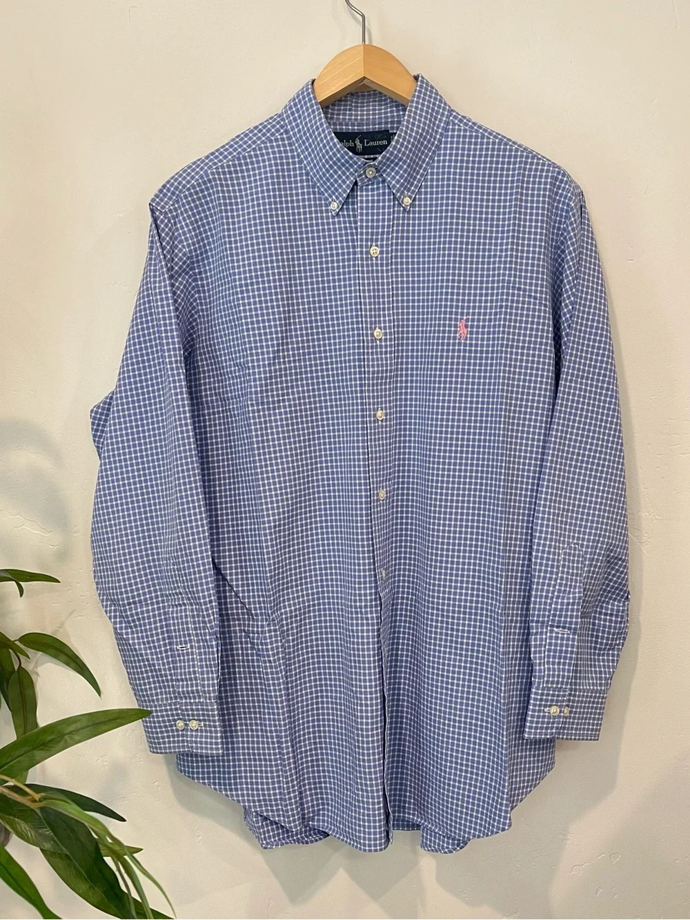 Vintage 90s Polo Ralph Lauren Blue White Gingham Button Down Shirt 16 1/2 32/33